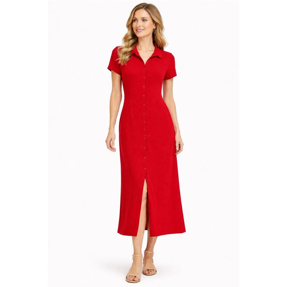 Moda International Red Cotton Maxi Shirt Dress XL Button Front